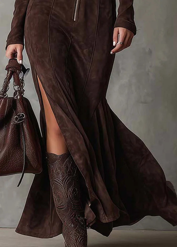 ALMUDENA | Vestido largo marrón con cinturón