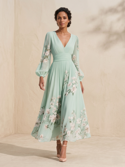 Vestido midi de gasa con escote de pico estampado