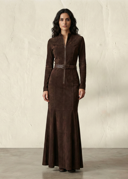 ALMUDENA | Vestido largo marrón con cinturón