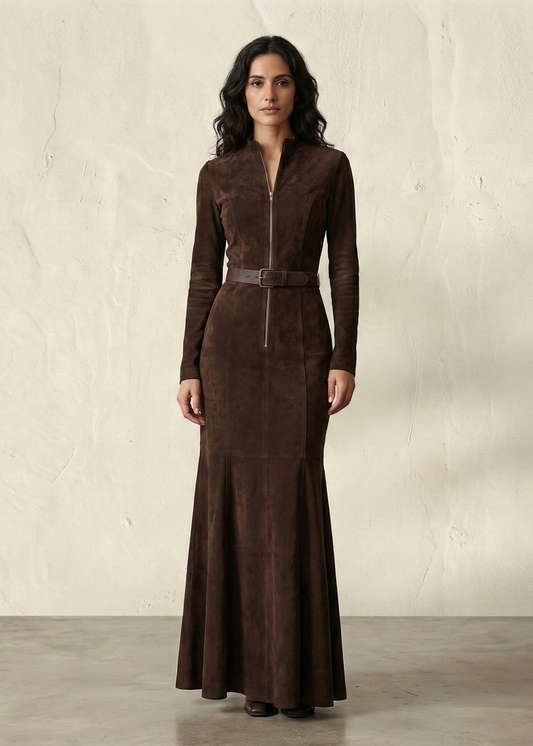 ALMUDENA | Vestido largo marrón con cinturón