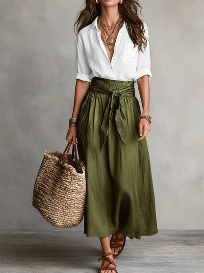Serena | Conjunto Dos Piezas: Top Negro y Falda Midi Verde Oliva