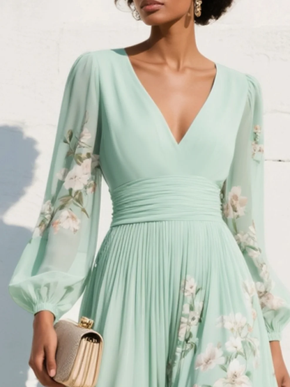 Vestido midi de gasa con escote de pico estampado