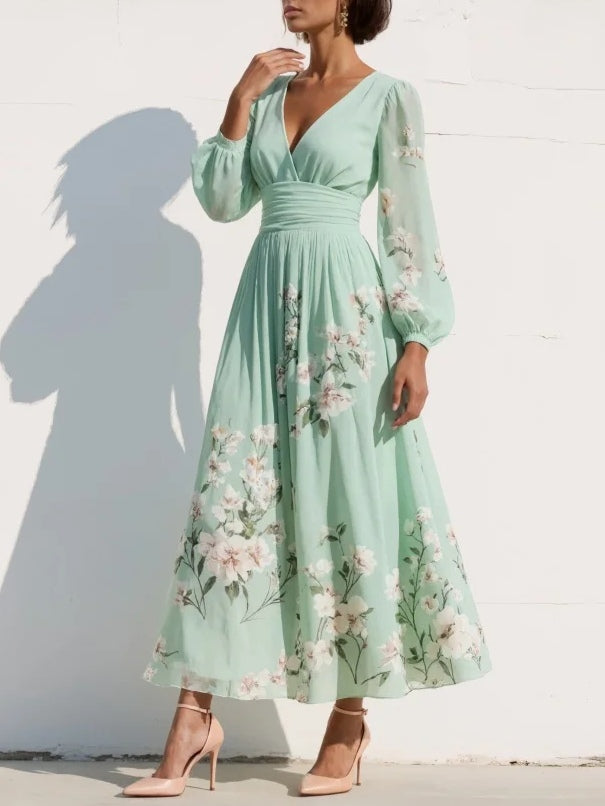 Vestido midi de gasa con escote de pico estampado