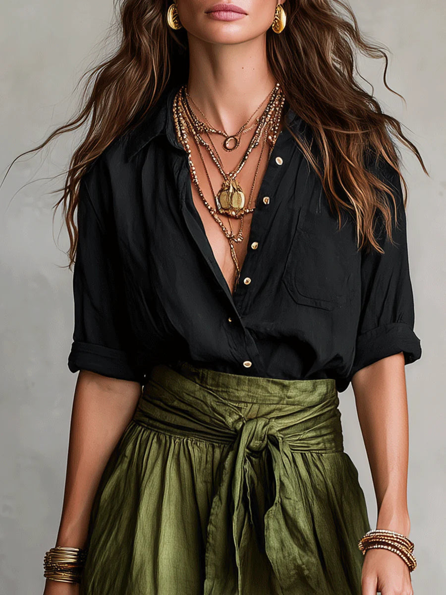 Serena | Conjunto Dos Piezas: Top Negro y Falda Midi Verde Oliva