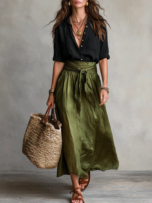 Serena | Conjunto Dos Piezas: Top Negro y Falda Midi Verde Oliva