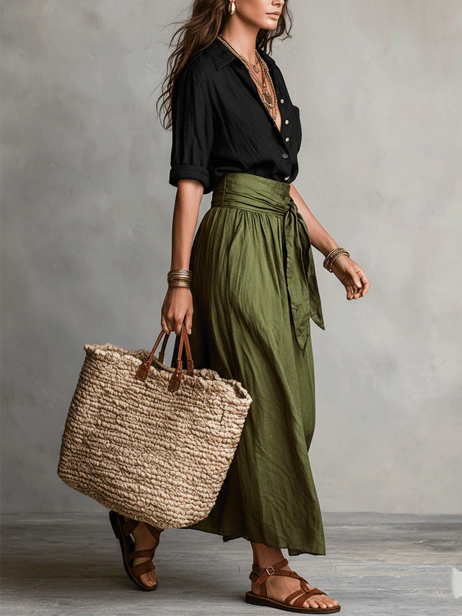 Serena | Conjunto Dos Piezas: Top Negro y Falda Midi Verde Oliva
