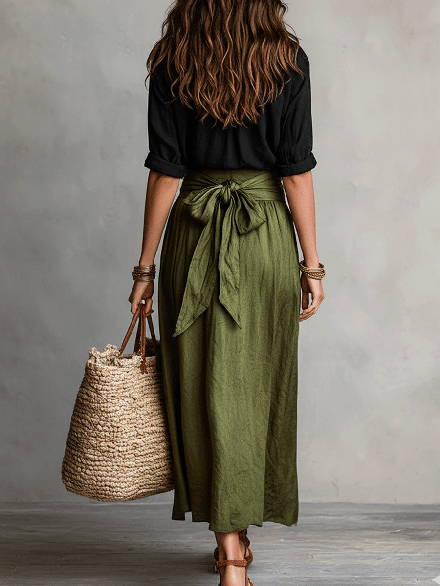 Serena | Conjunto Dos Piezas: Top Negro y Falda Midi Verde Oliva